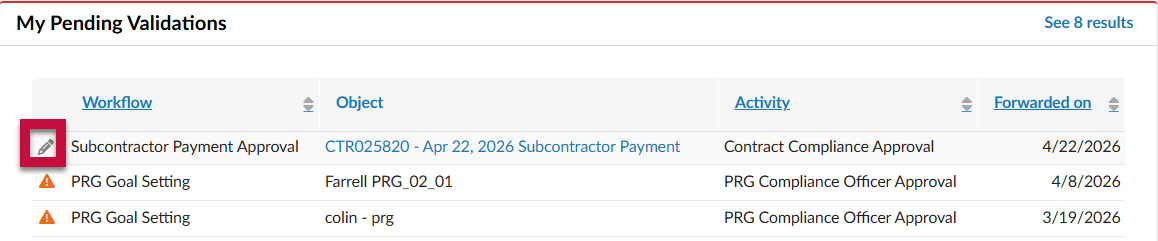 My Pending Validations with Pencil callout