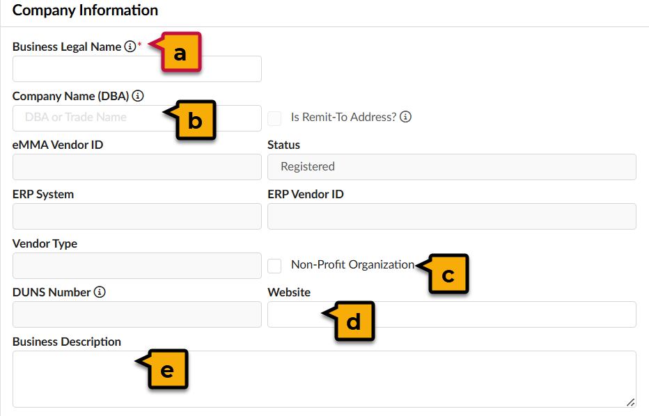 A diagram of the fields in the Company Information section. 