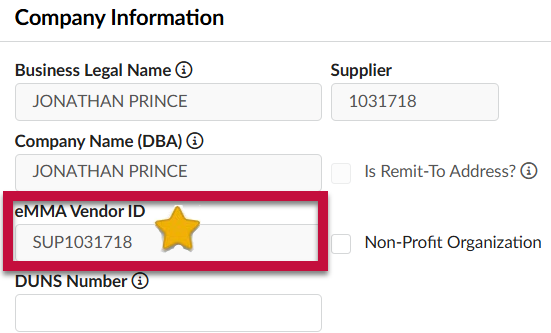 The eMMA Vendor ID on the Company Info tab.