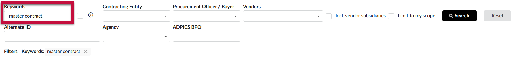 Browse Contracts screen with the "Keywords" filter field highlighted.