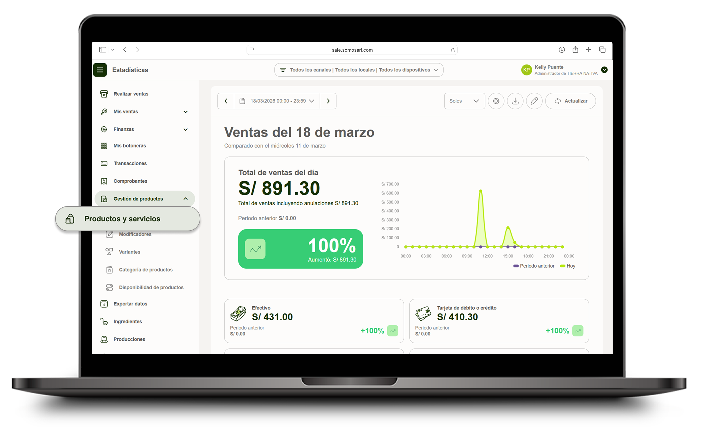 Módulo Productos y servicios en el menú