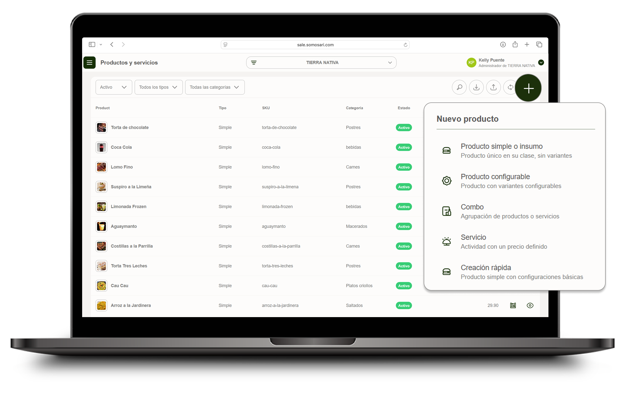 Listado de productos con opción de crear nuevo