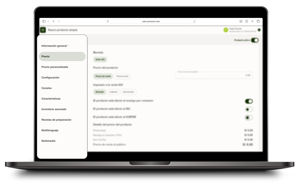 Panel izquierdo con todas las secciones del producto