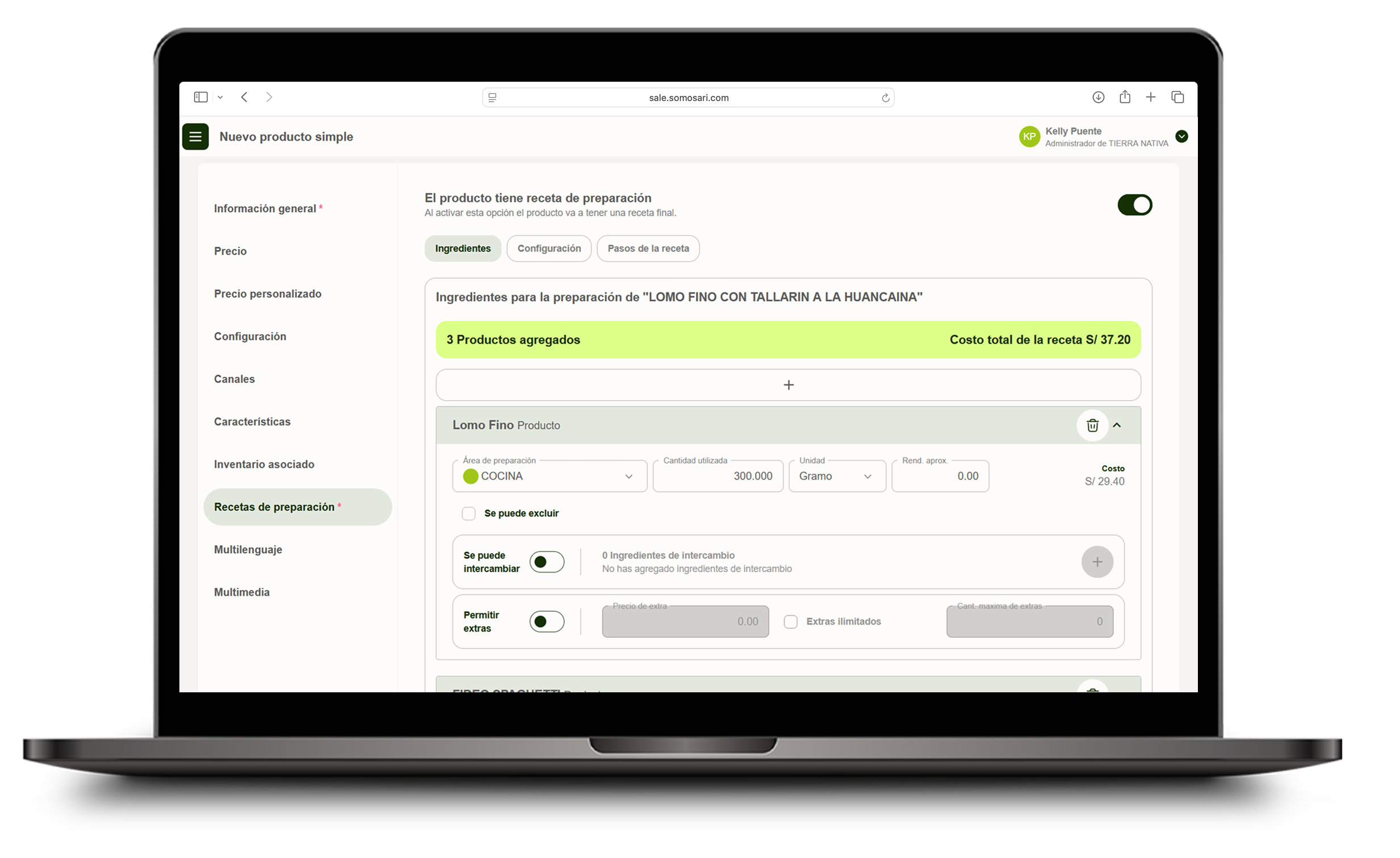 Lista de ingredientes con datos completados