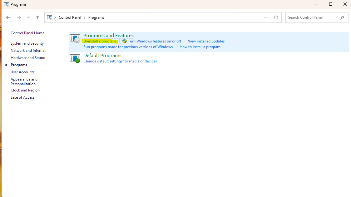 Image Placeholder: Screenshot of Windows Control Panel with Programs and Features highlighted.