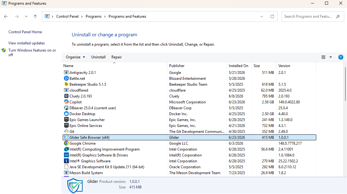 Image Placeholder: Screenshot showing Glider Safe Browser (GSB) in the installed programs list.