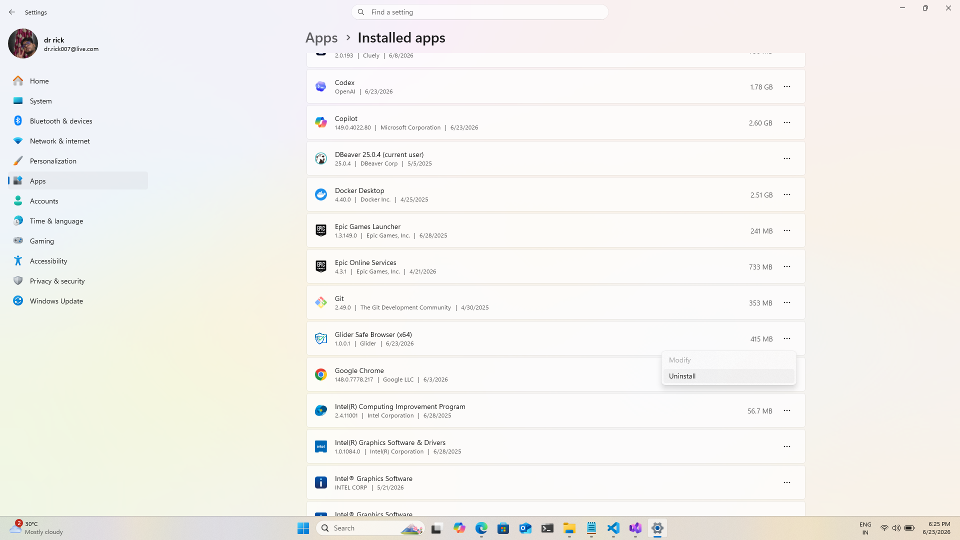 Image Placeholder: Screenshot of Windows Settings with GSB selected and the Uninstall button visible.