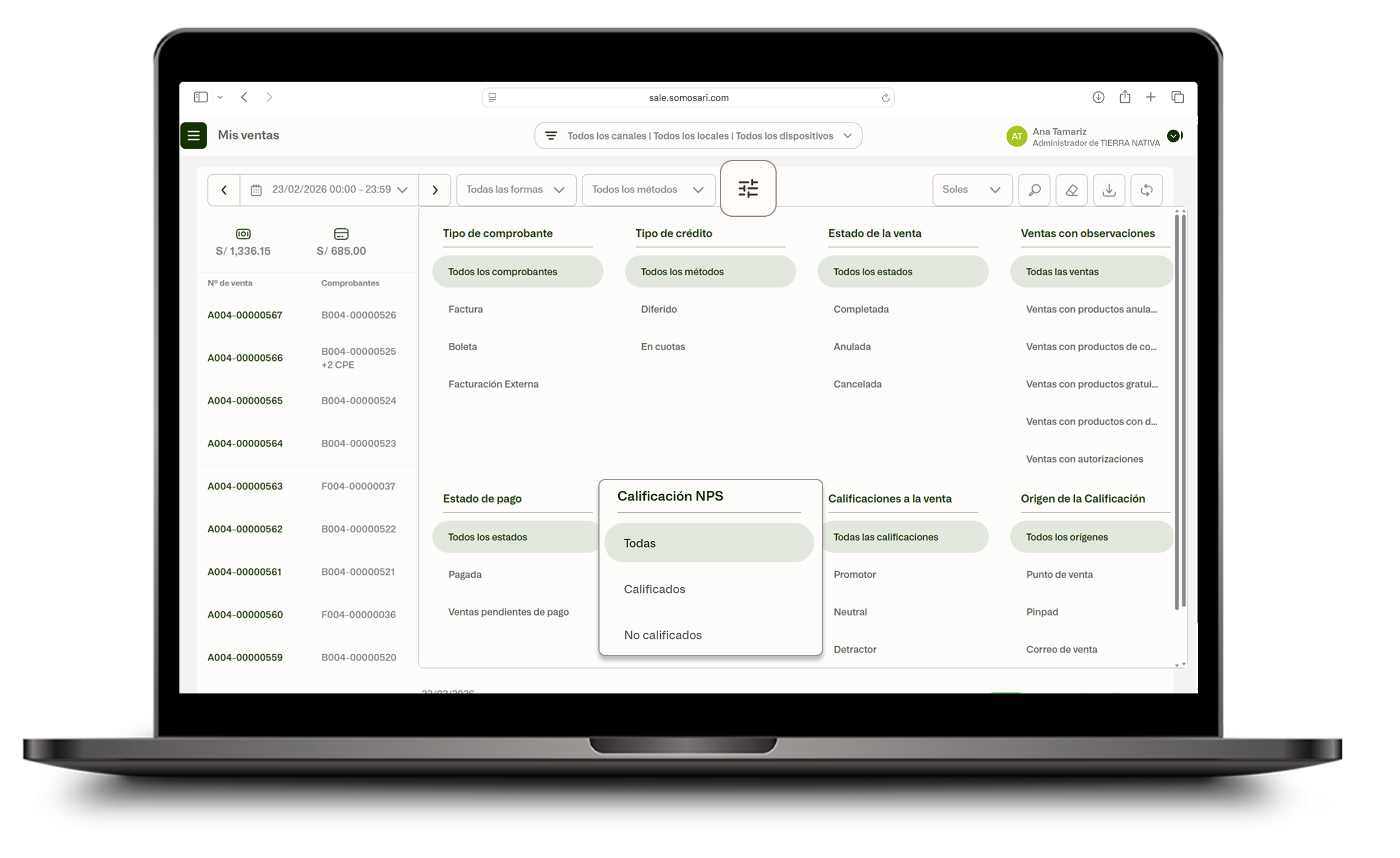 Panel de filtros con opciones de Calificación NPS