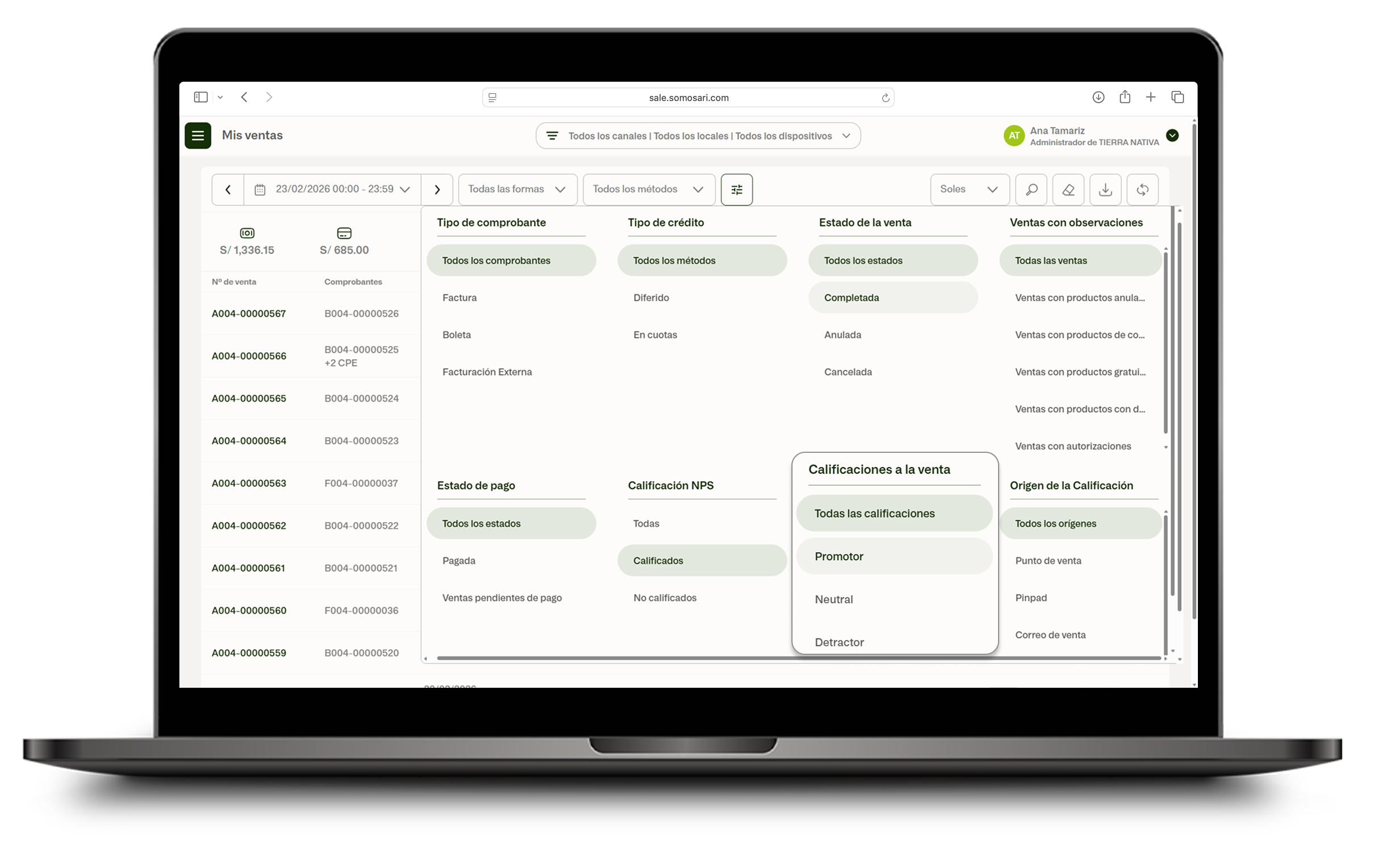 Opciones de filtro por tipo de calificación NPS