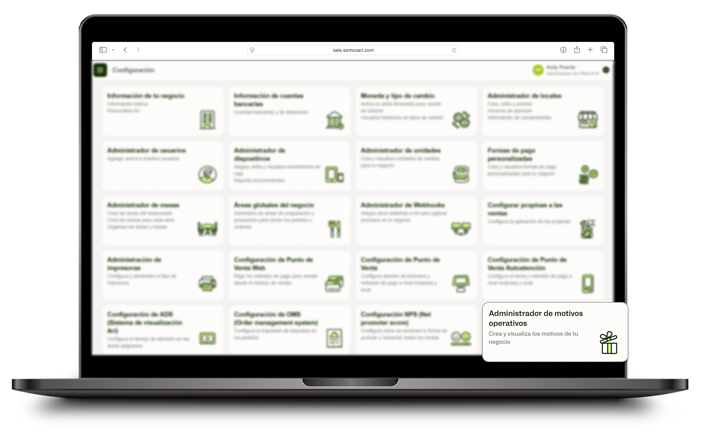 Opción Administración de motivos operativos en Configuración