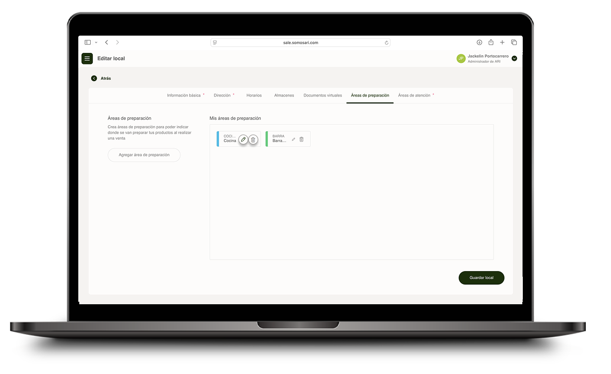 Íconos de edición y eliminación de áreas de preparación