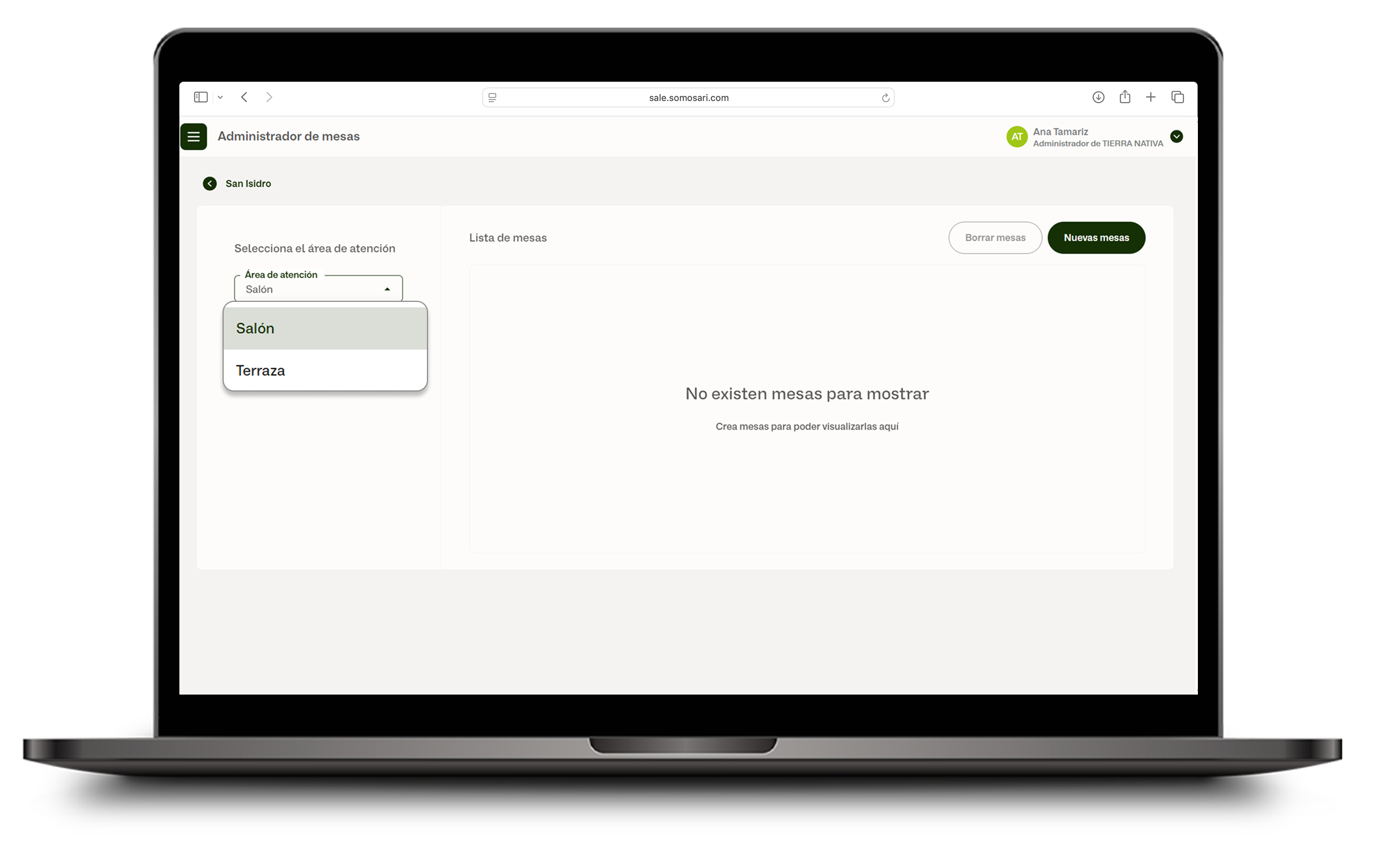 Selector de área de atención con opciones Salón y Terraza