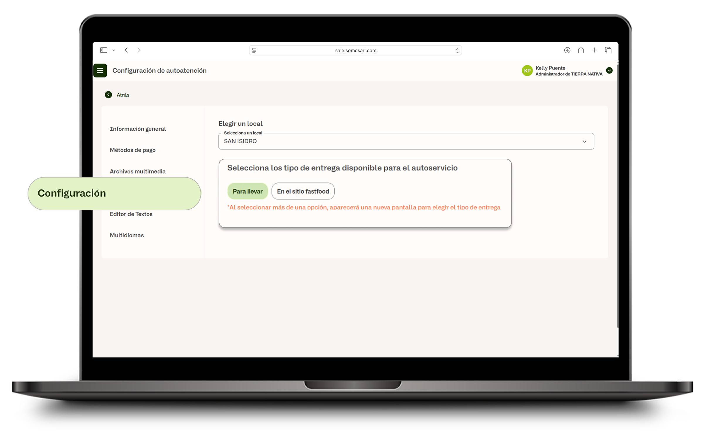 Sección Configuración con tipos de entrega