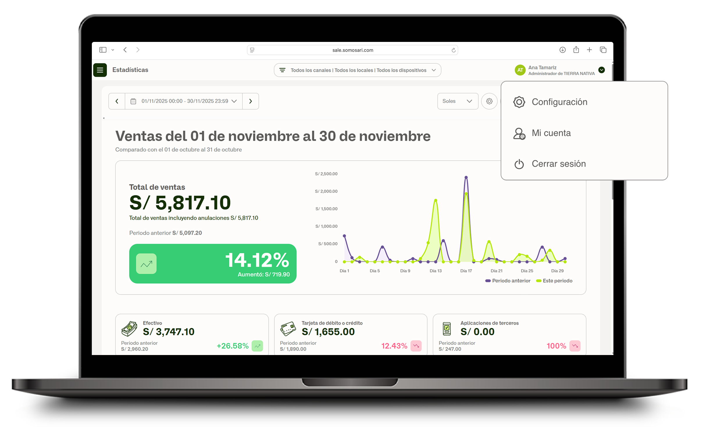 Menú de usuario con opción Configuración
