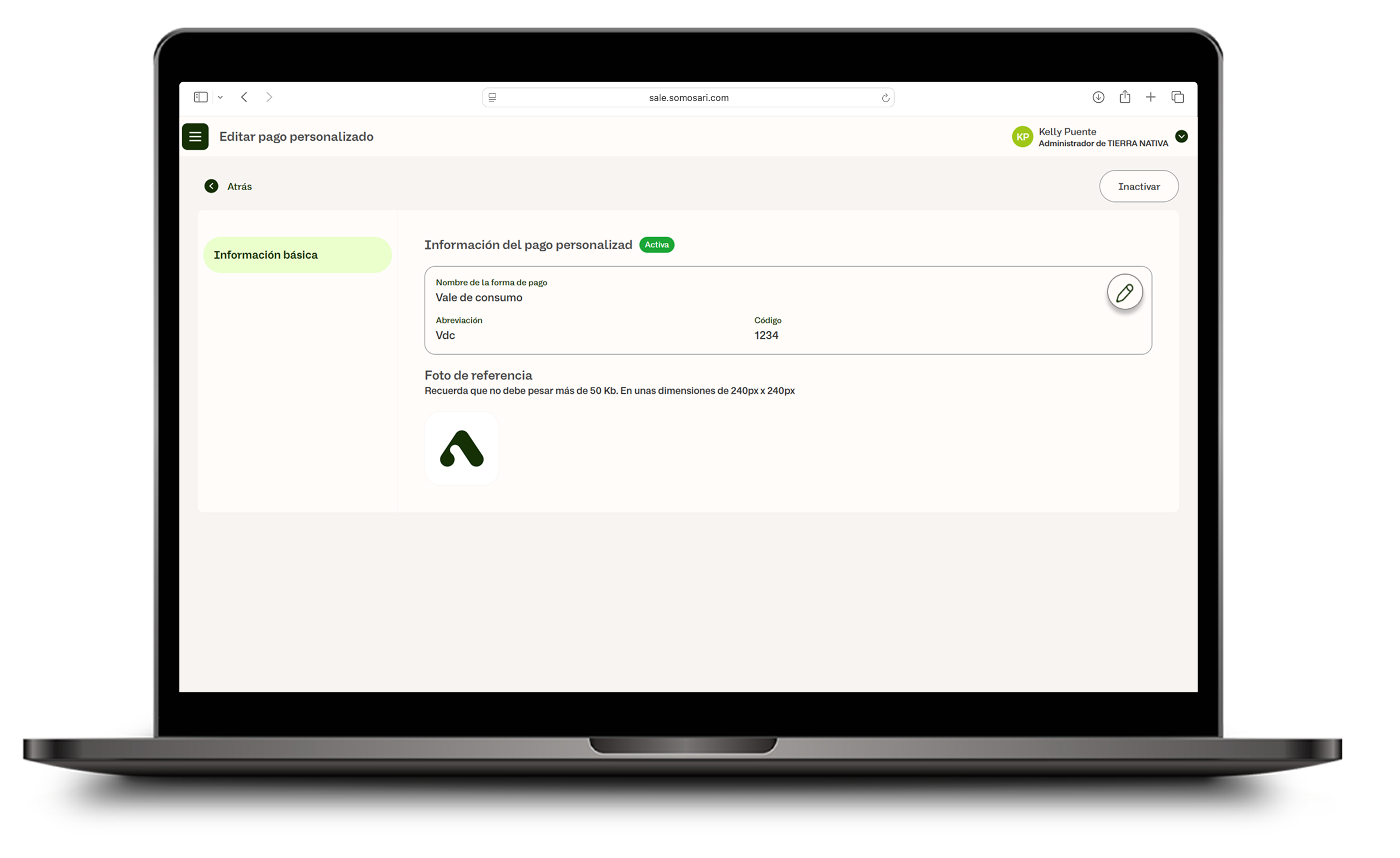 Formulario de edición de forma de pago con botón Actualizar
