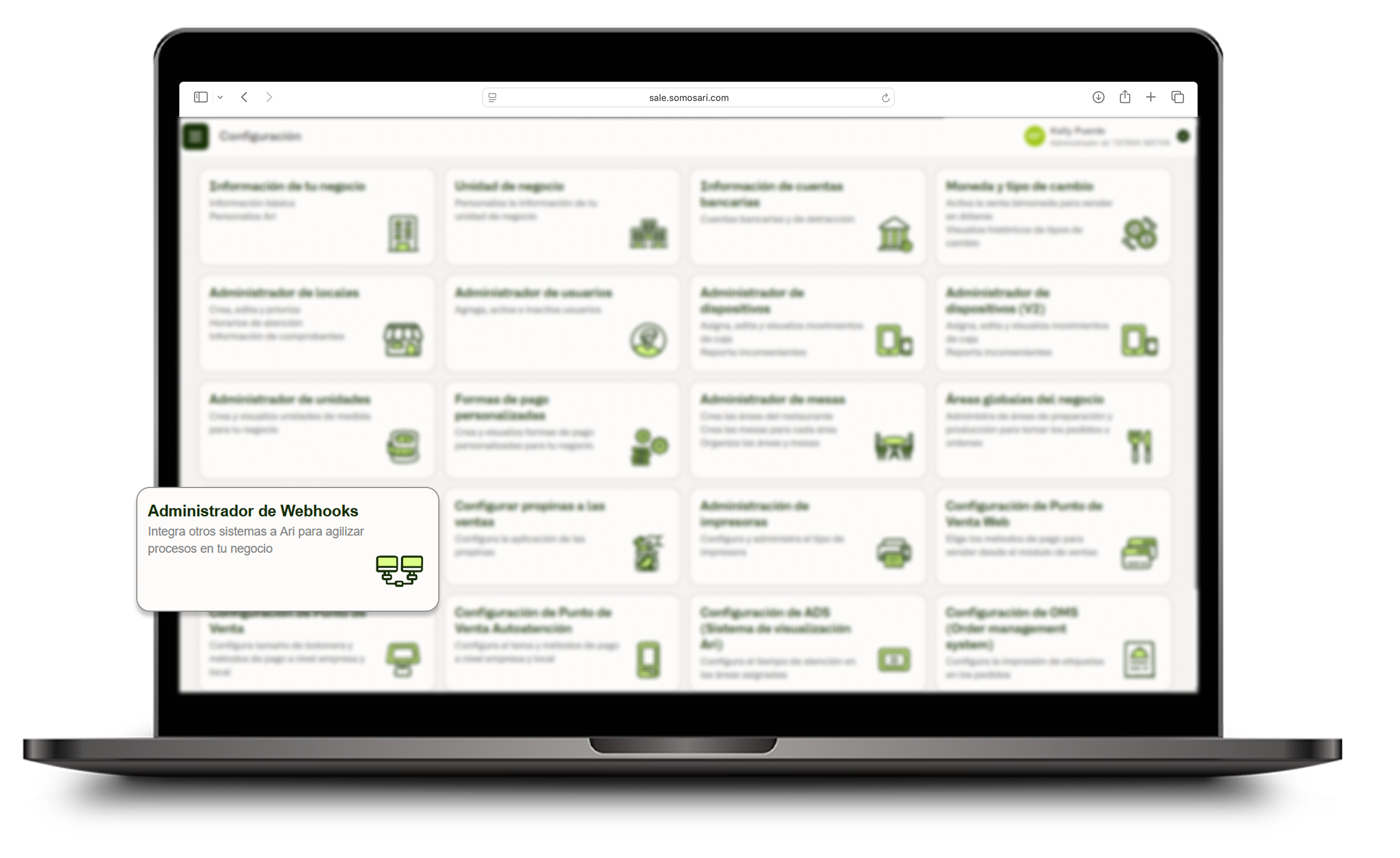 Opción Administrador de Webhooks en Configuración