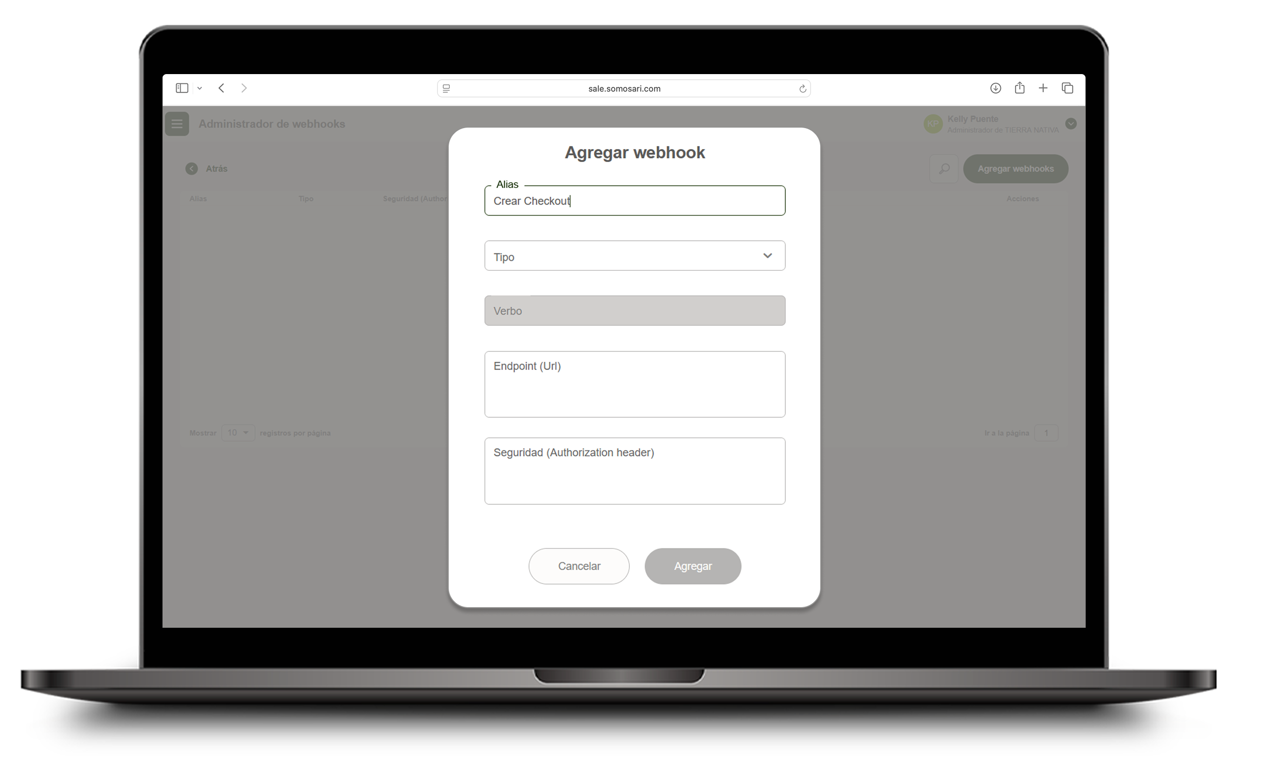 Formulario para agregar webhook con campo alias