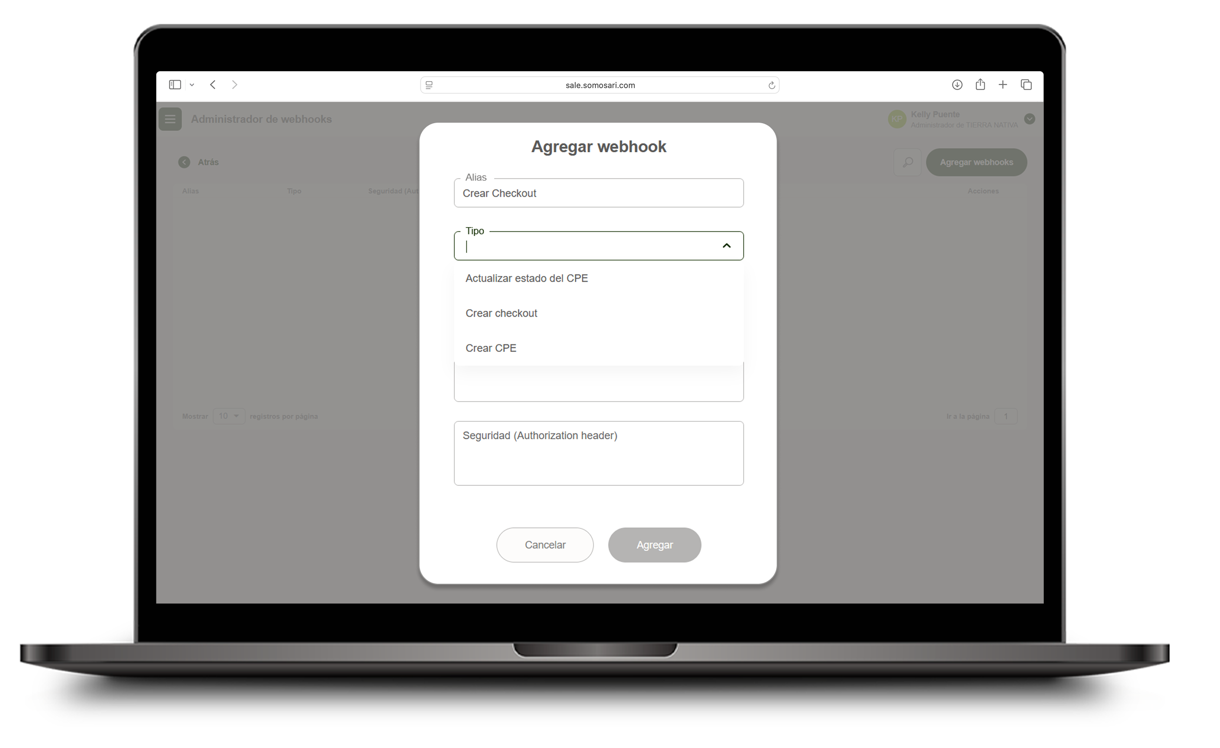 Selector de tipo de webhook con las 3 opciones