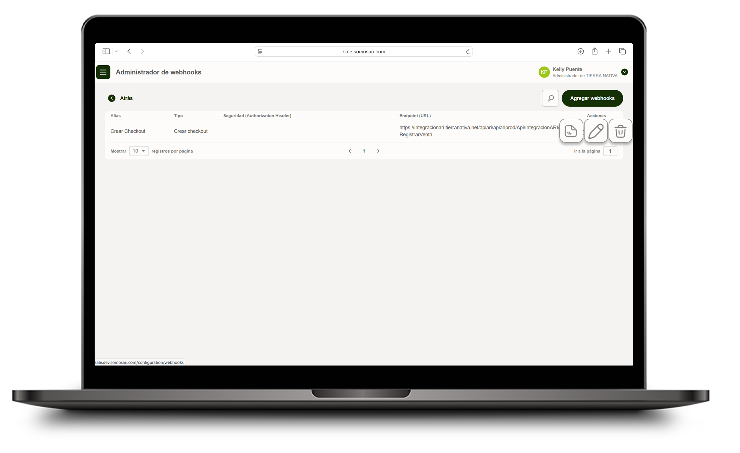 Listado de webhooks con íconos de acción