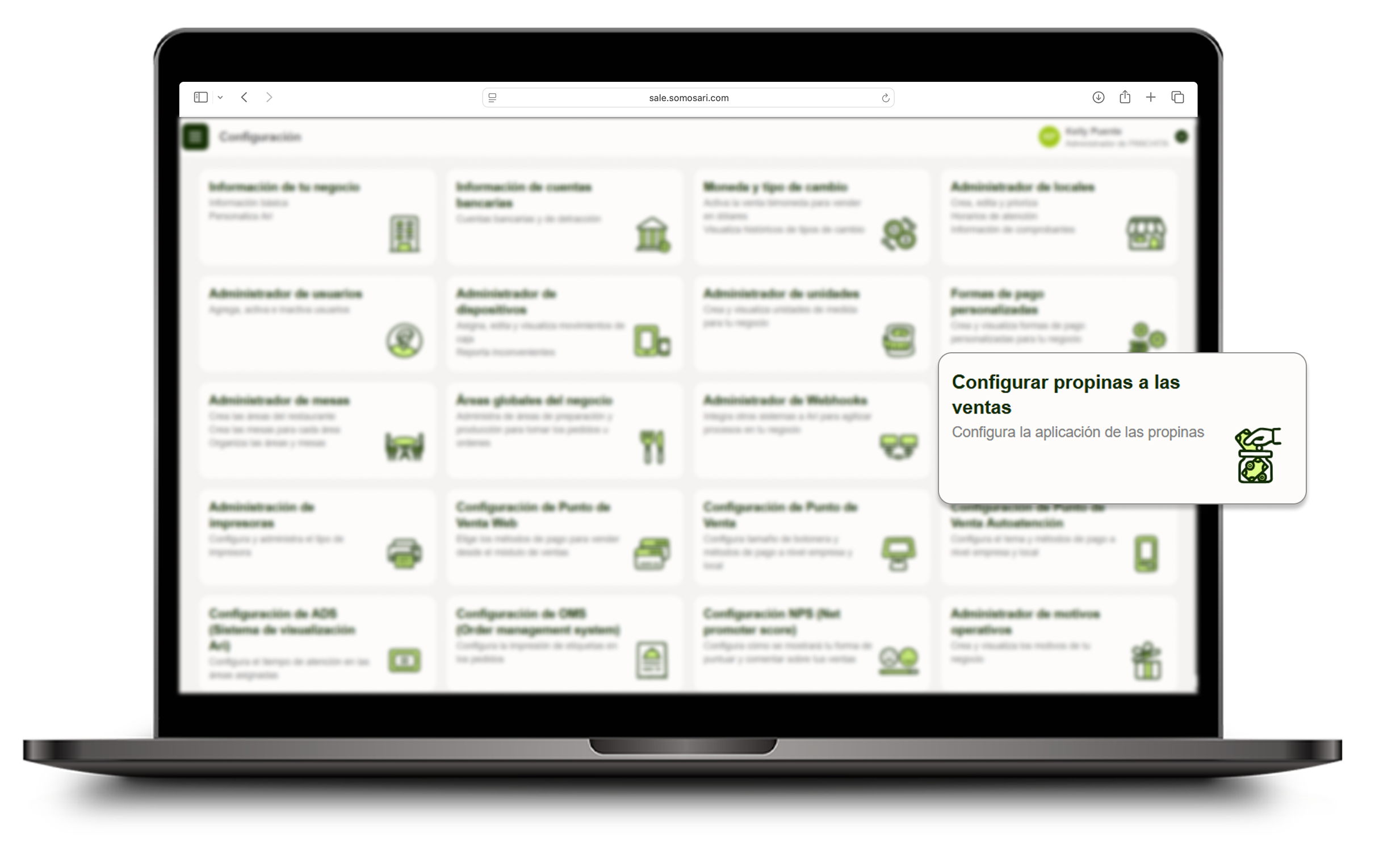 Opción Configurar propinas a las ventas en Configuración