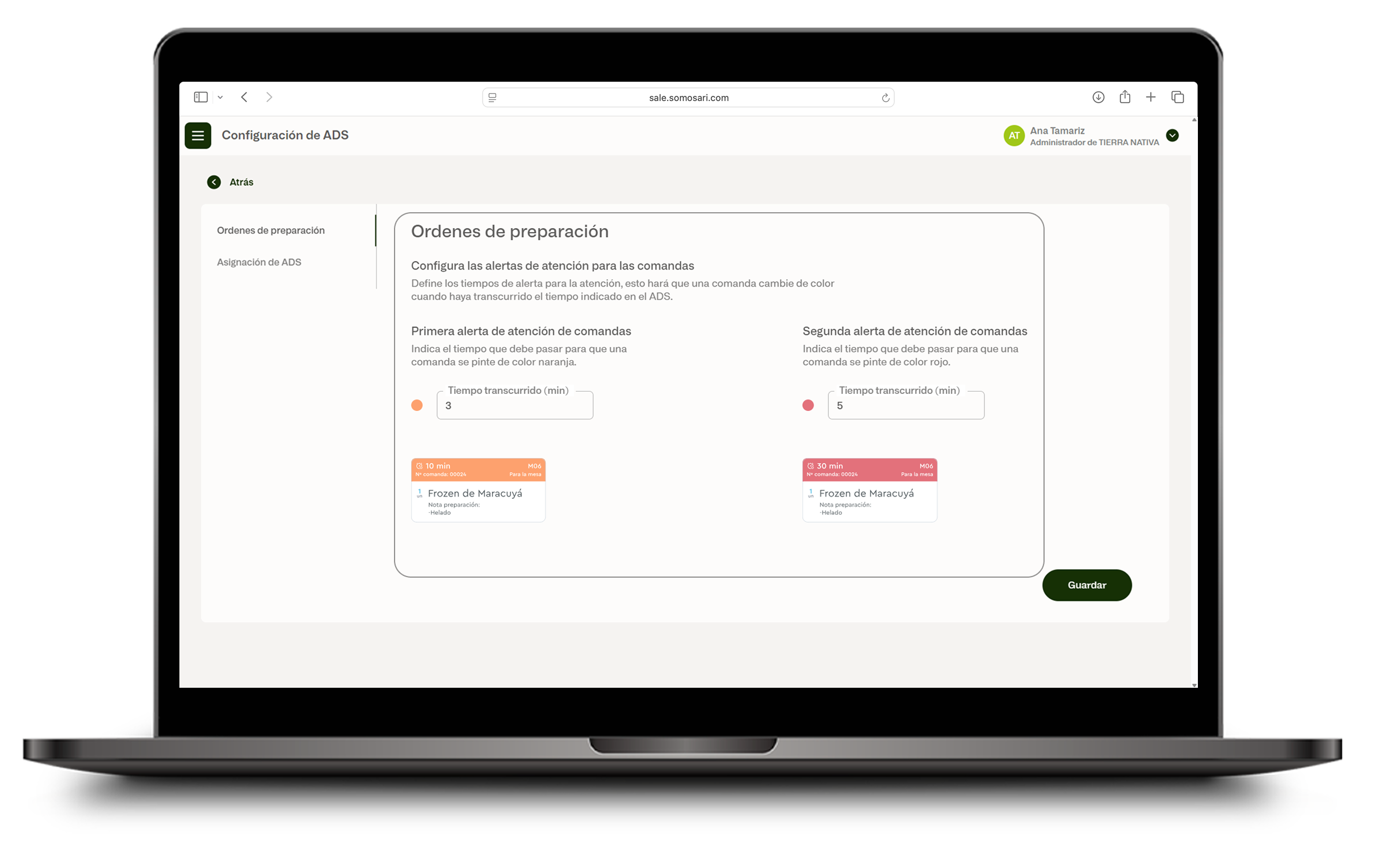Configuración de alertas de atención de comandas