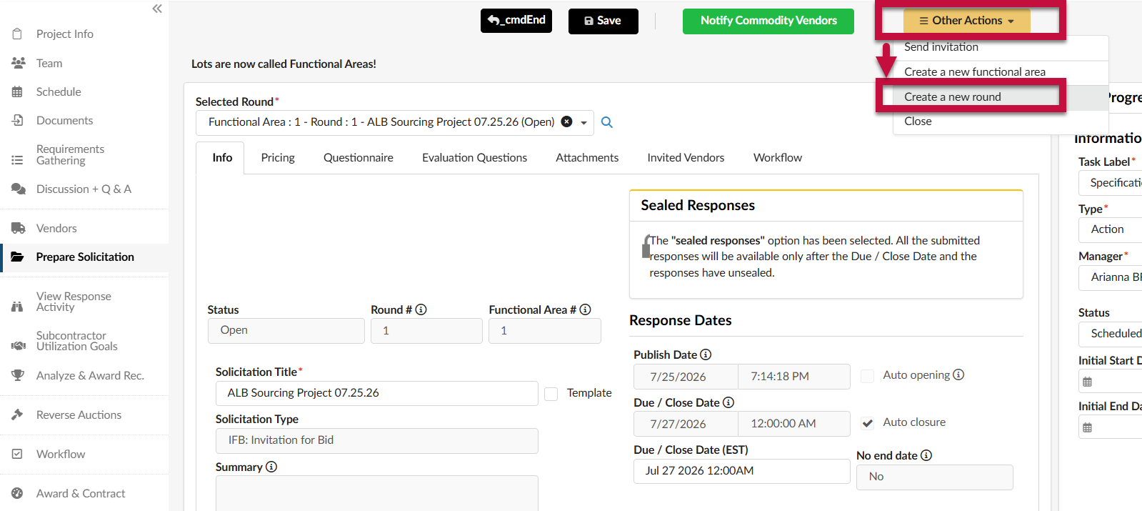 Prepare Solicitation tab and Setup subtab are shown, with Other Actions button and Create a new round option highlighted in boxes.