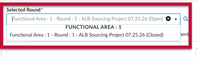 Two rounds of solicitation are displayed in the Selected Round dropdown, with Round 1 and 2 highlighted in a box.
