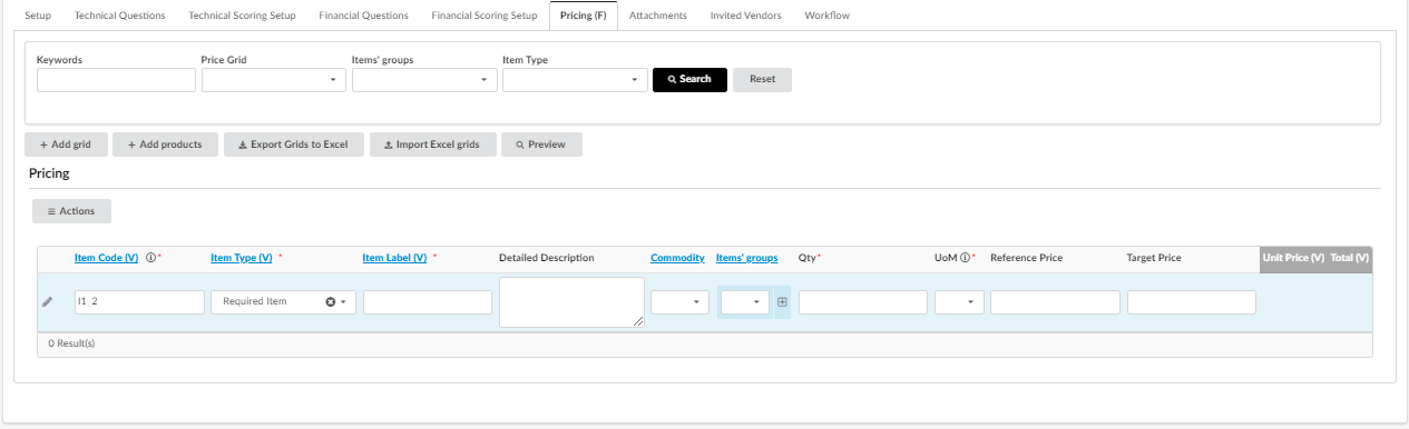 An empty Pricing grid in the Pricing subtab.