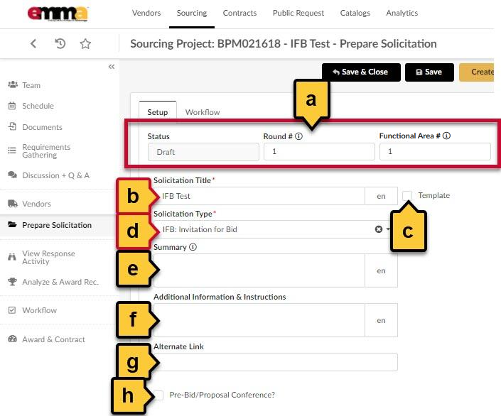 A diagram of the fields in the Prepare Solicitation page. 