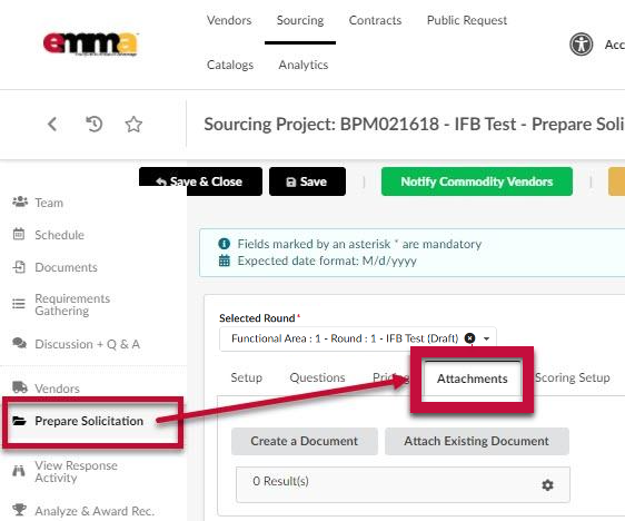 The Prepare Solicitation tab and the Attachments subtab.