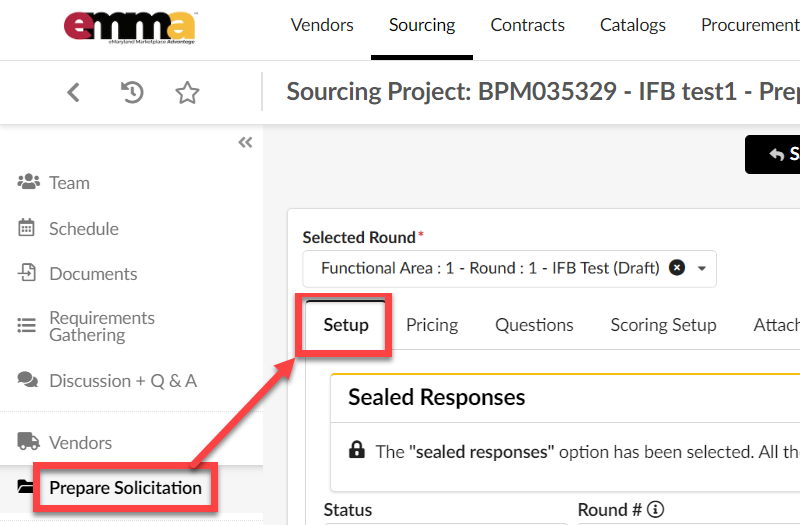 The Prepare Solicitation tab on the left-hand side-panel and the Setup sub-tab.