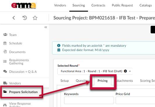 The Prepare Solicitation tab and the Pricing subtab.