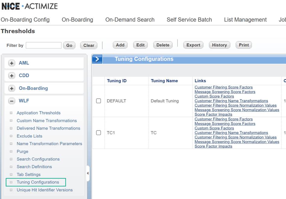 The image depicts a configuration screen for a system named NICE, specifically for managing tuning settings related to on-boarding, with options to add, edit, and delete configurations, as well as manage score factors and list filters.
AI-generated content may be incorrect.