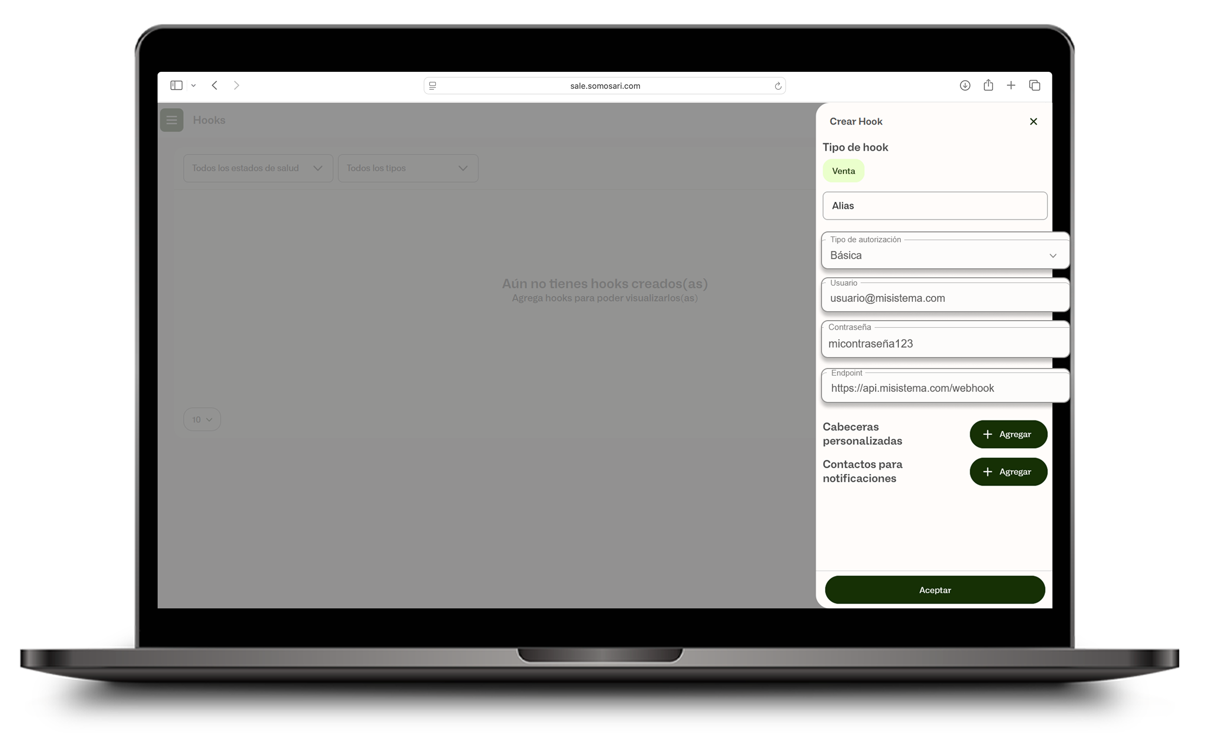 Modal Crear Hook con tipo de autorización Básica