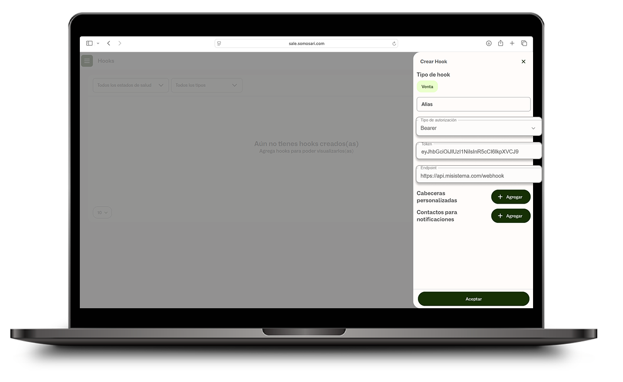 Modal Crear Hook con tipo de autorización Bearer