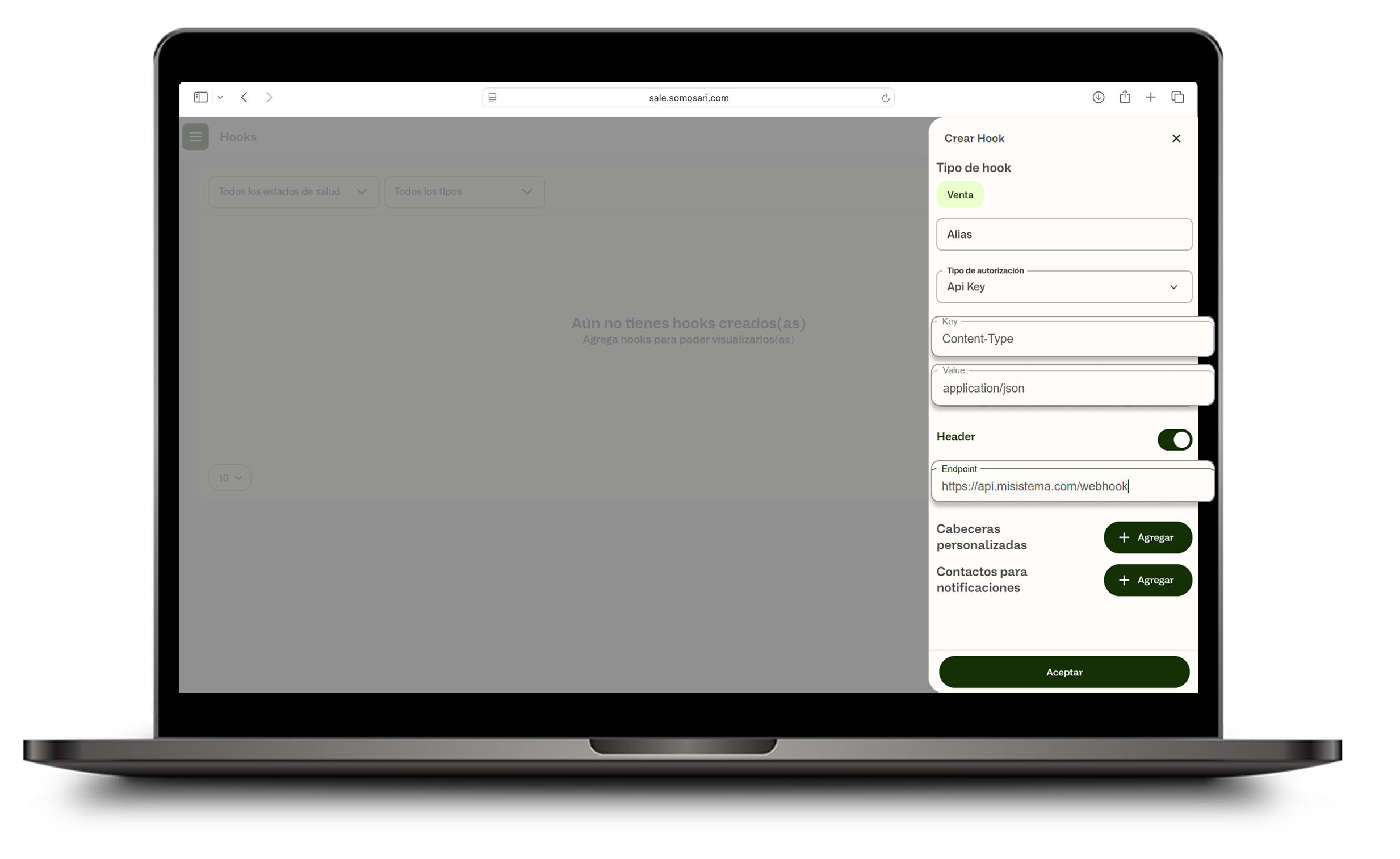 Modal Crear Hook con tipo de autorización Api Key, Key, Value y switch Header
