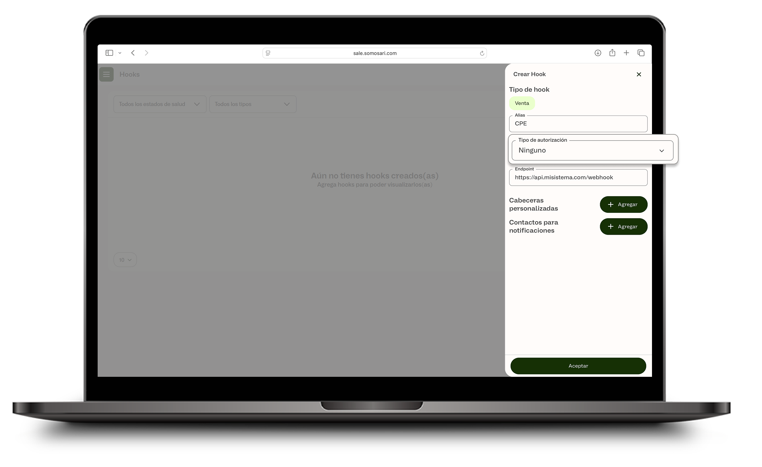 Modal Crear Hook con tipo de autorización Ninguno