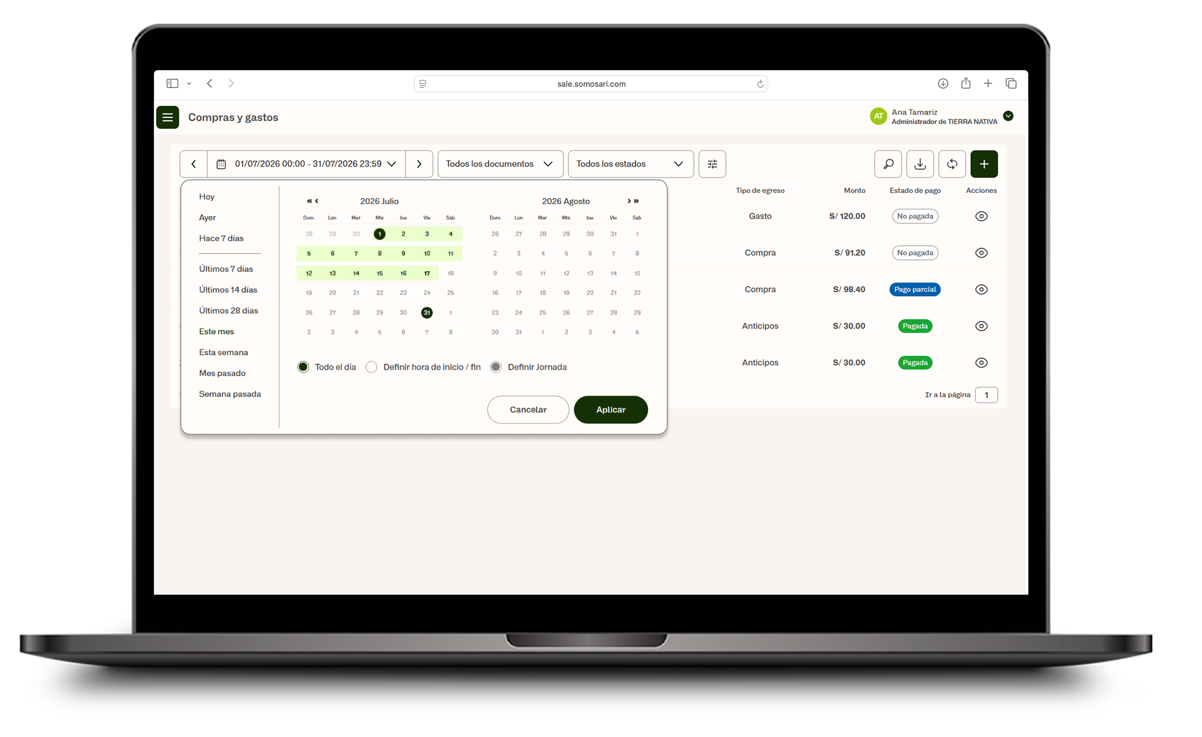 Selector de calendario para elegir el rango de fechas