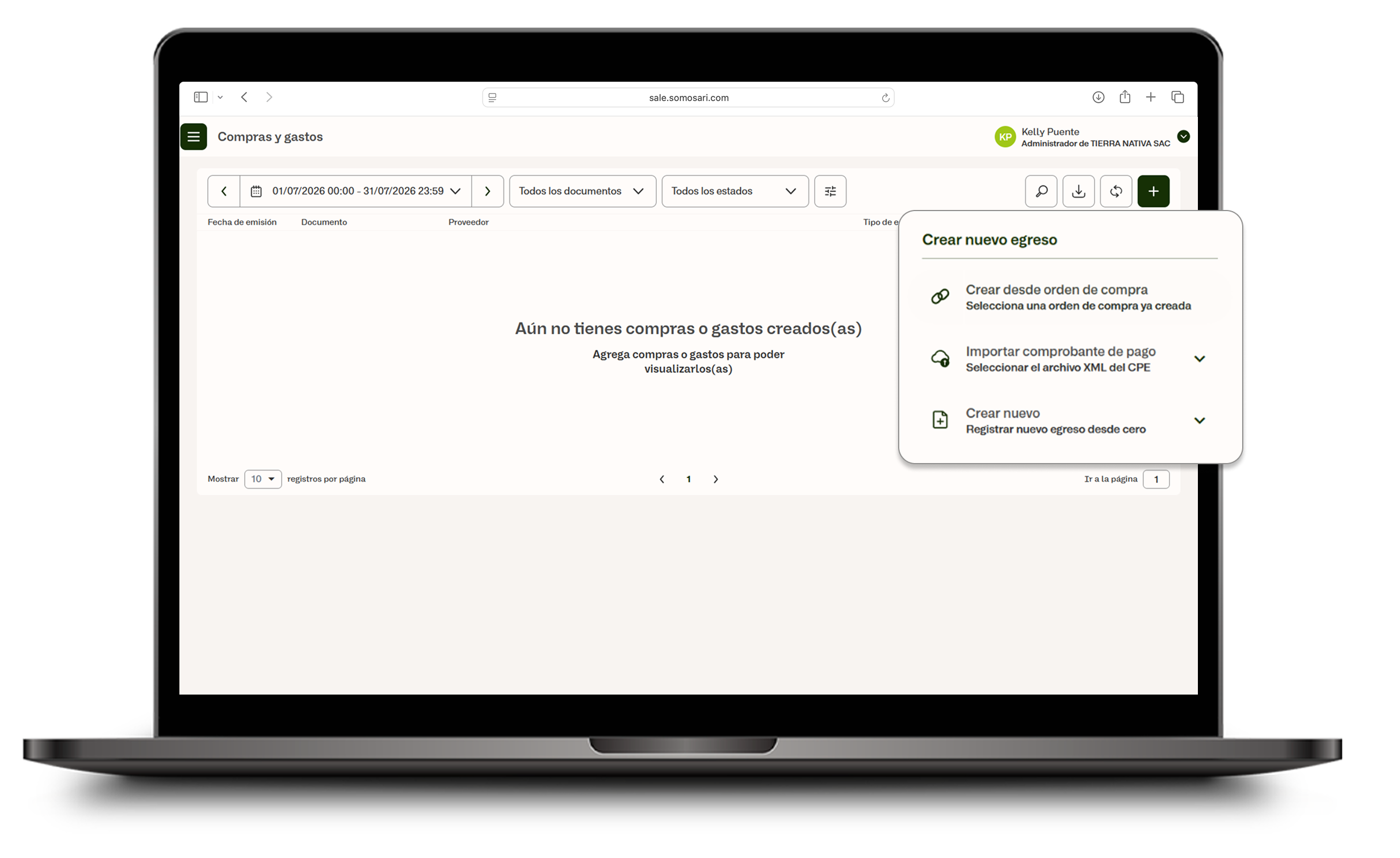 Ícono para crear un nuevo egreso con la opción Crear desde orden de compra