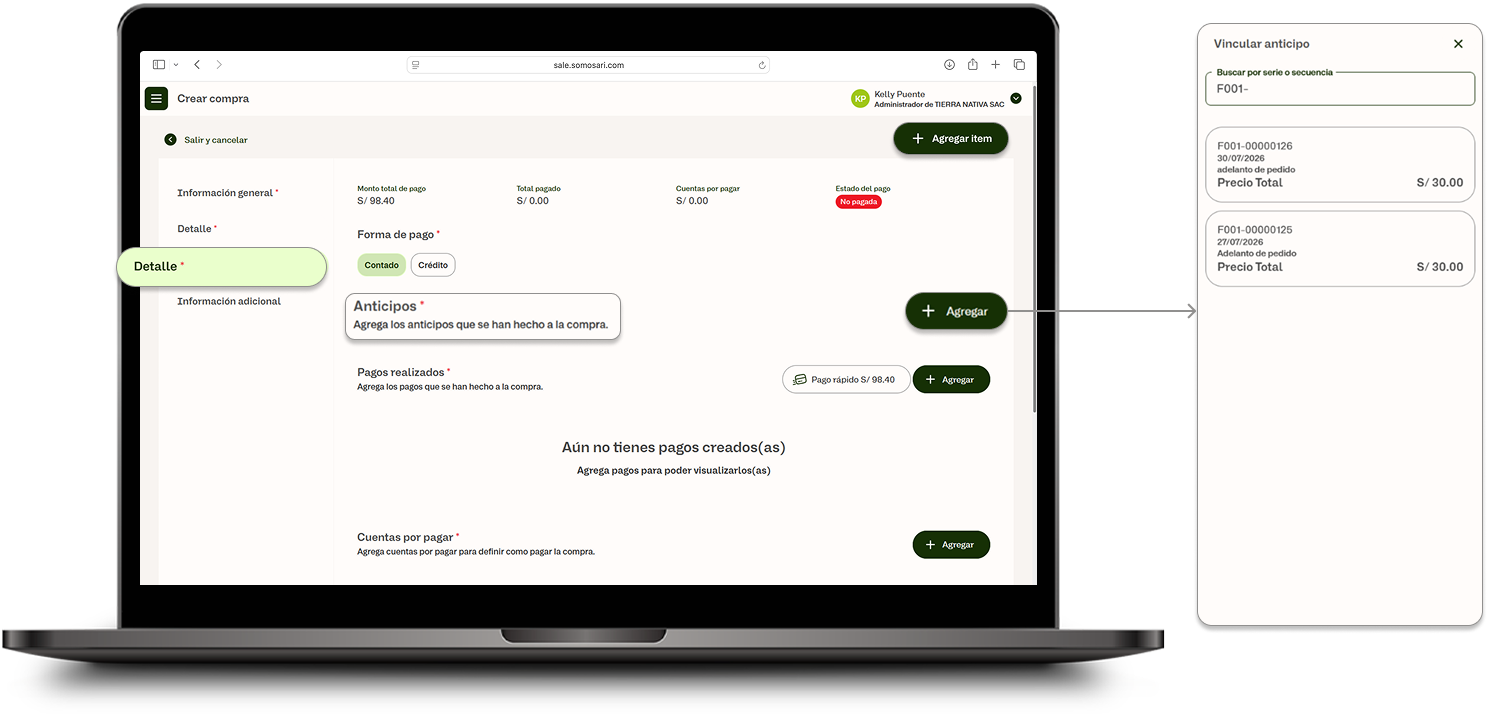 Callout Anticipos en la sección Información de pago