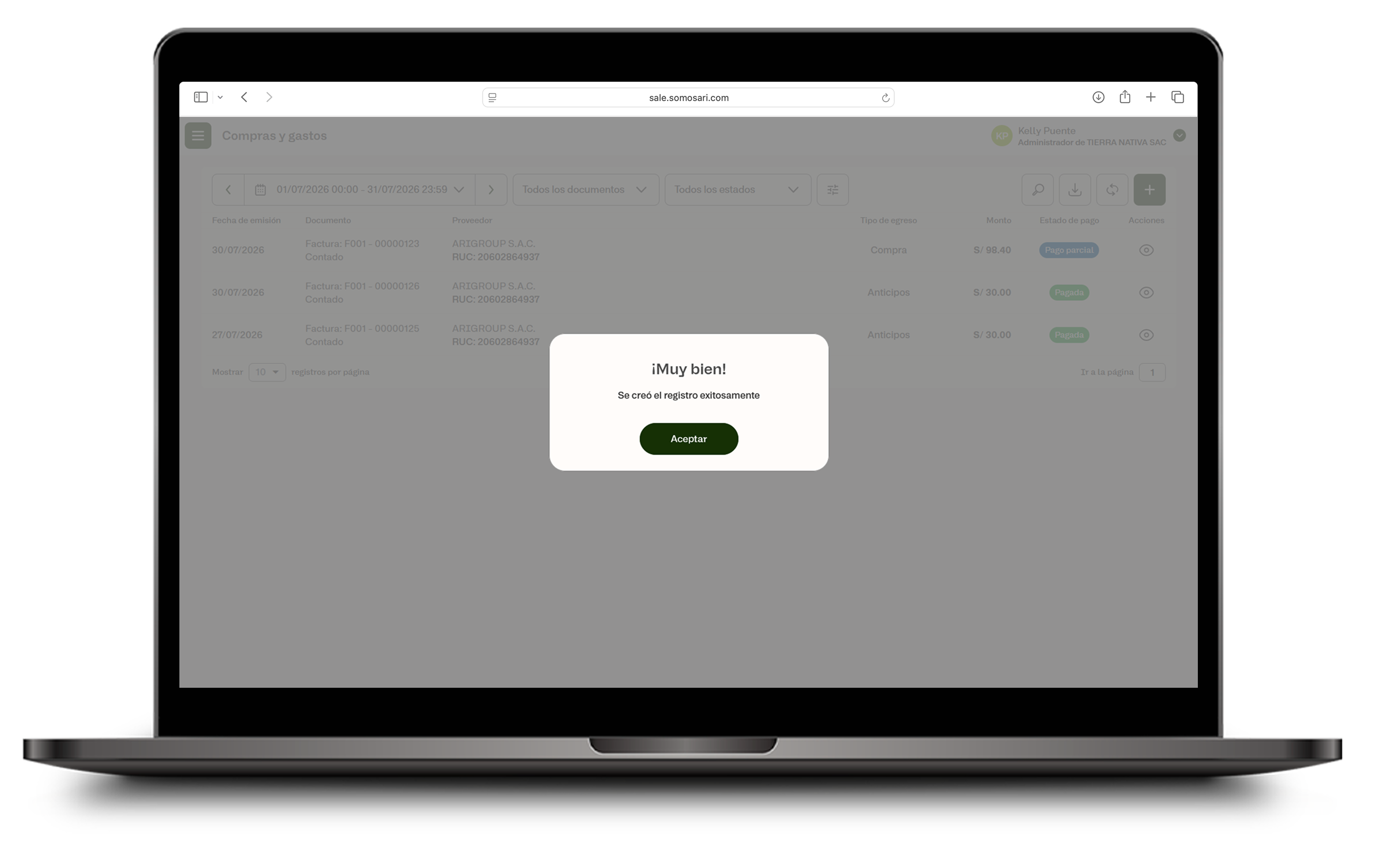 Botón Registrar para crear la compra desde la Orden de compra