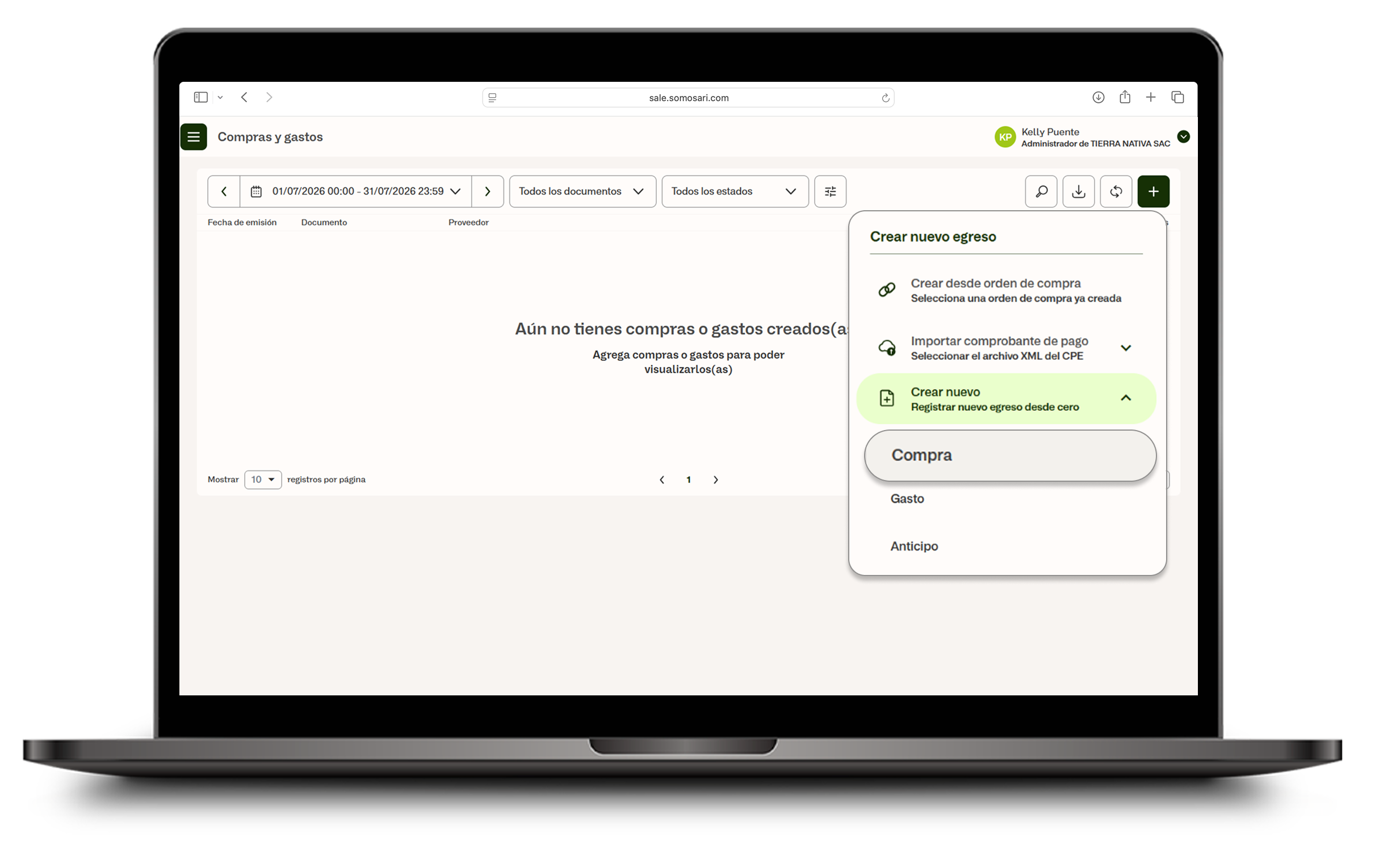 Menú para crear un nuevo egreso: Crear nuevo y la opción Compra