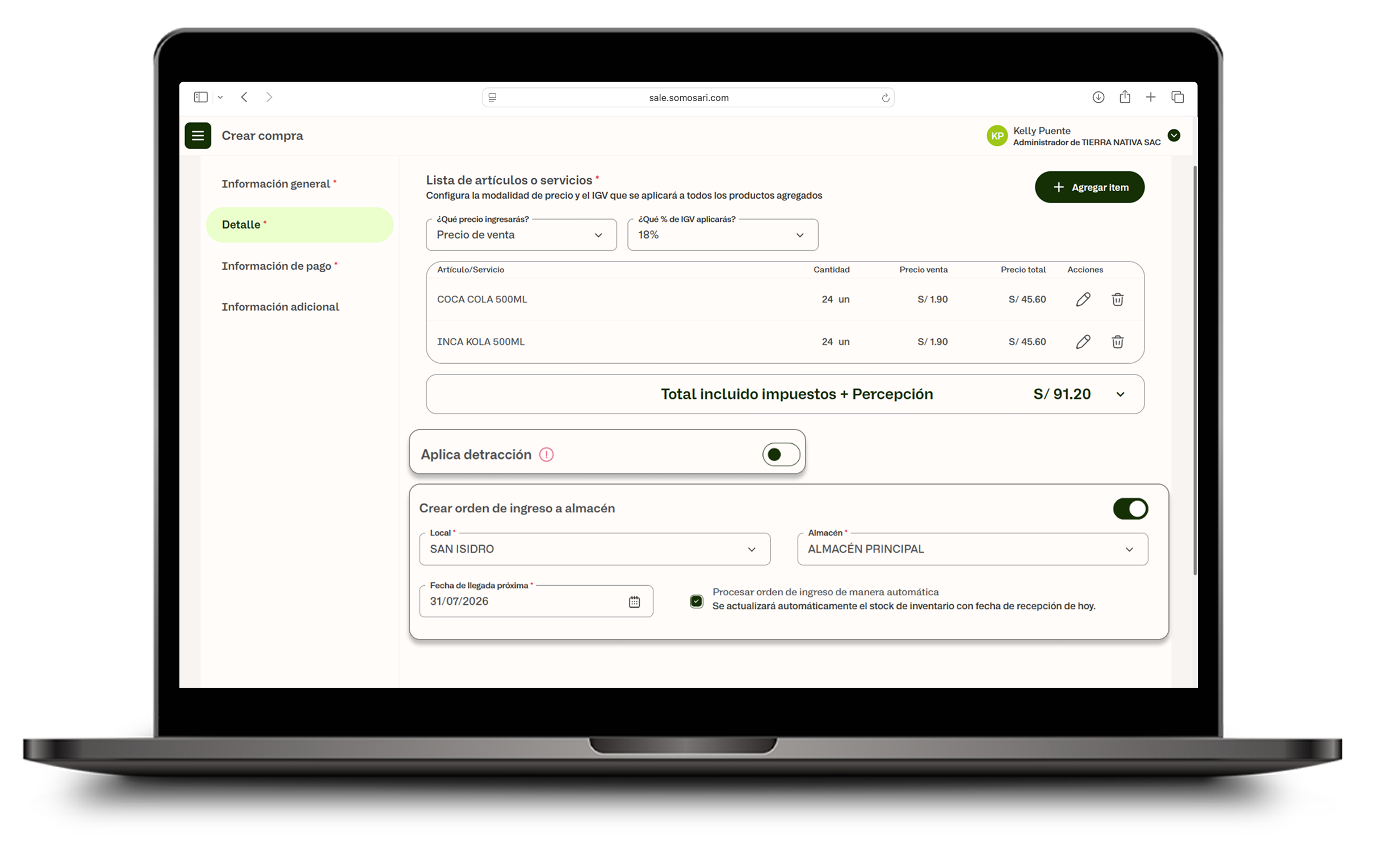 Switch de detracción y datos para crear la orden de ingreso a almacén