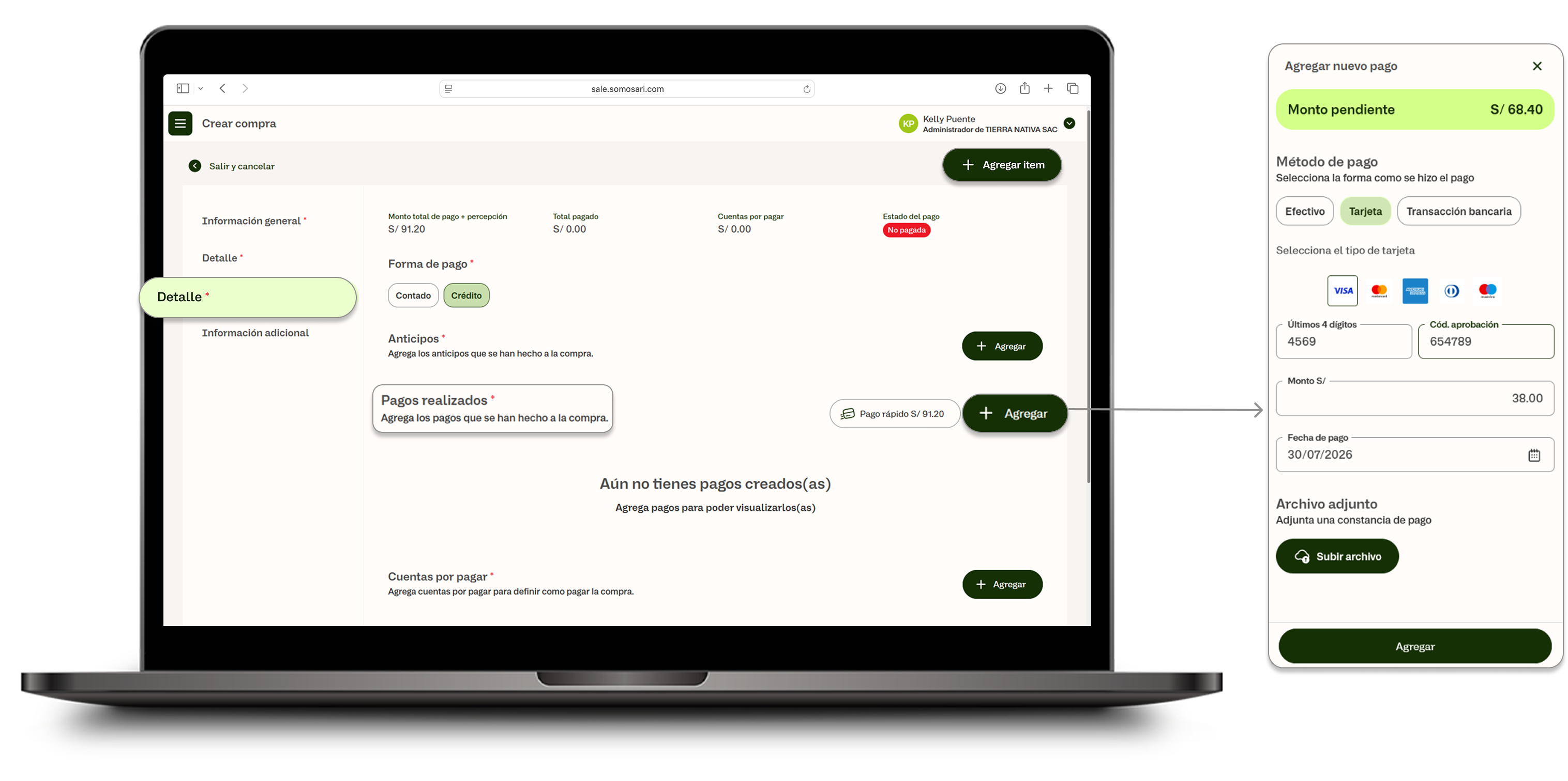 Callout Pagos realizados en la sección Información de pago