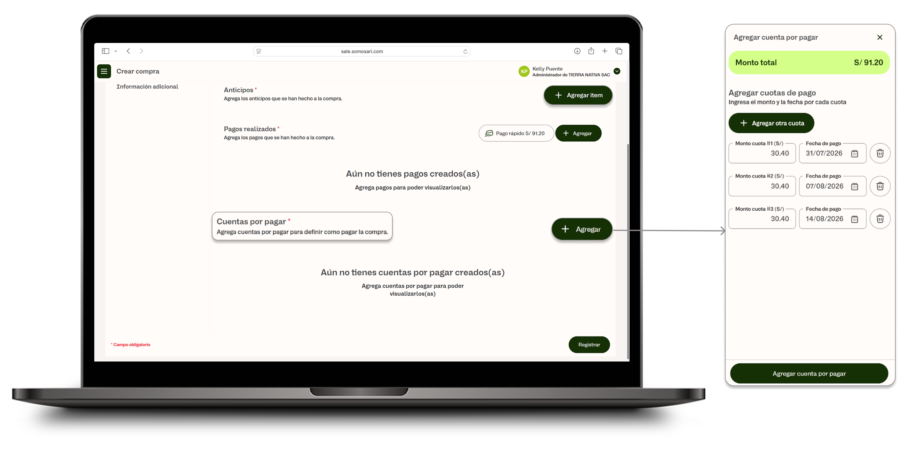 Callout Cuentas por pagar en la sección Información de pago