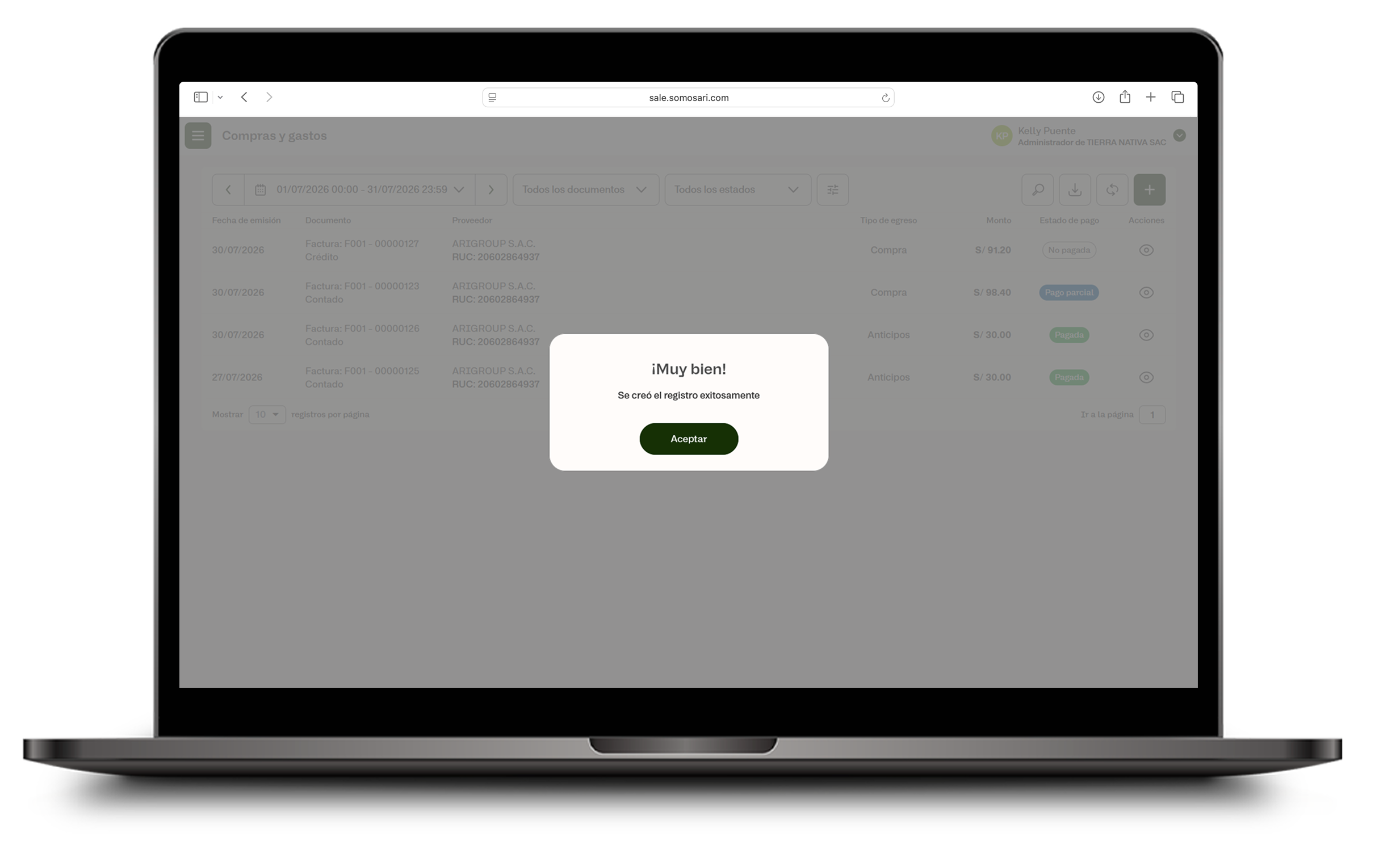 Compra registrada exitosamente