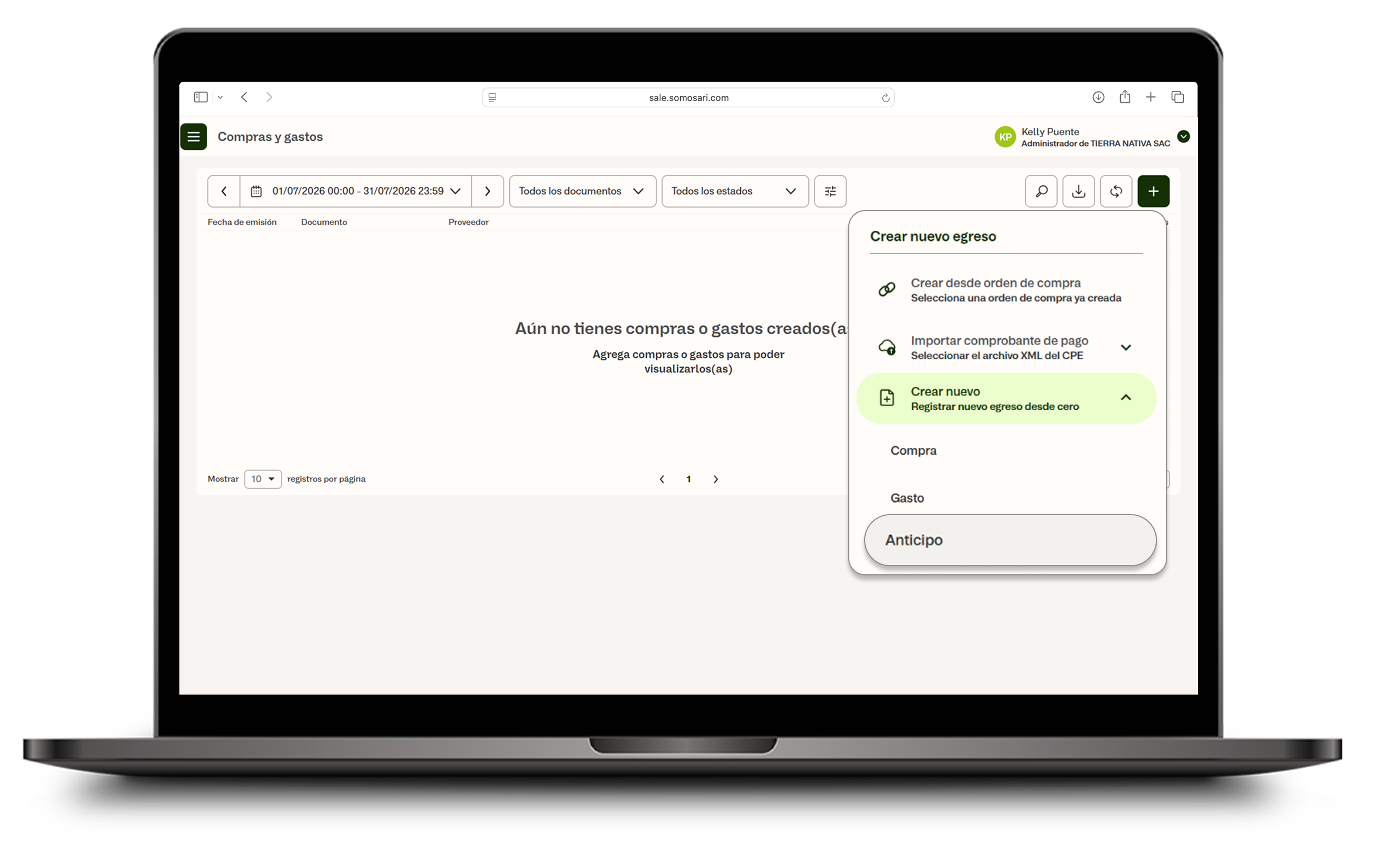 Menú para crear un nuevo egreso: Crear nuevo y la opción Anticipo