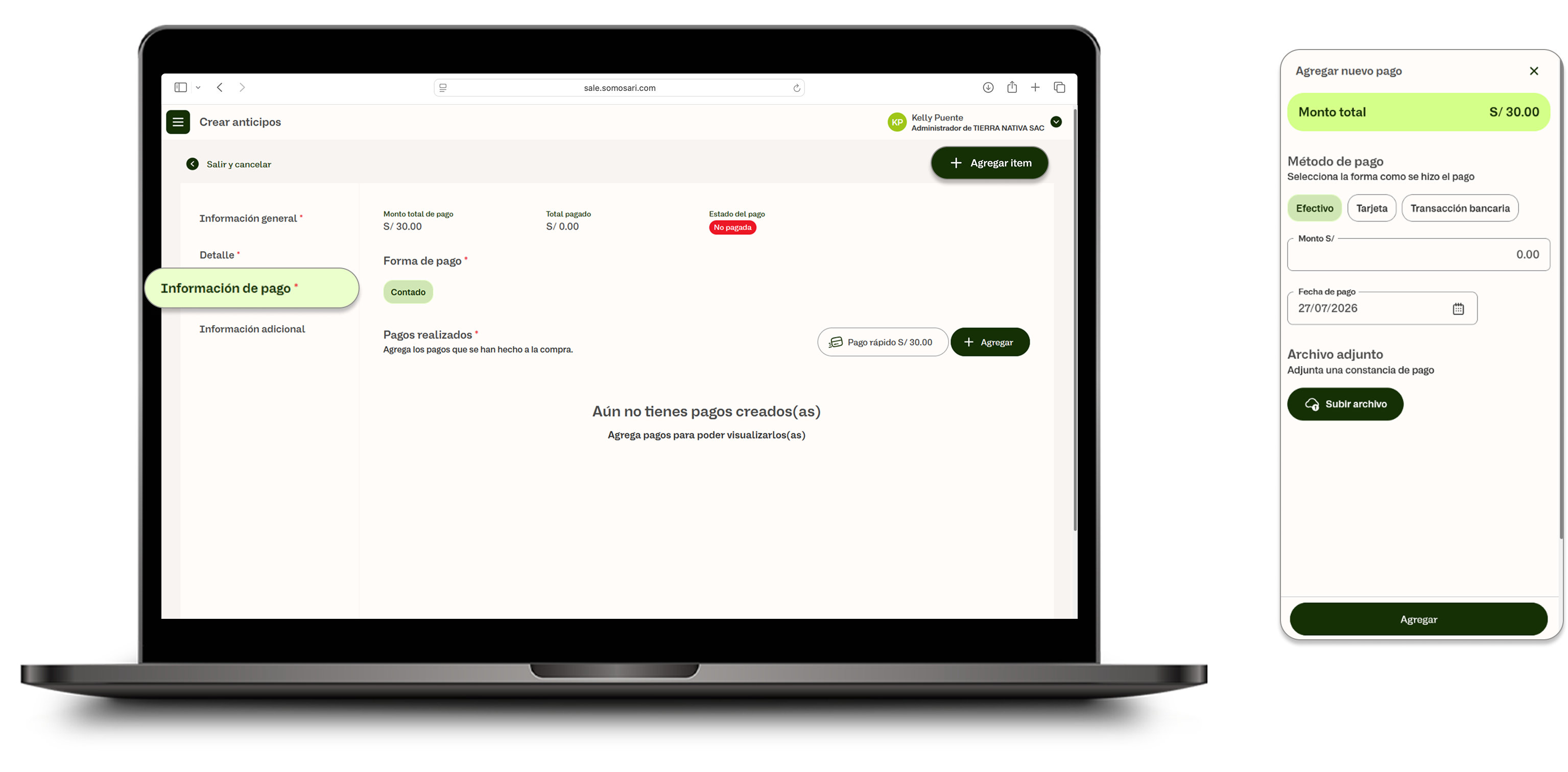 Modal para agregar el pago con método de pago y monto