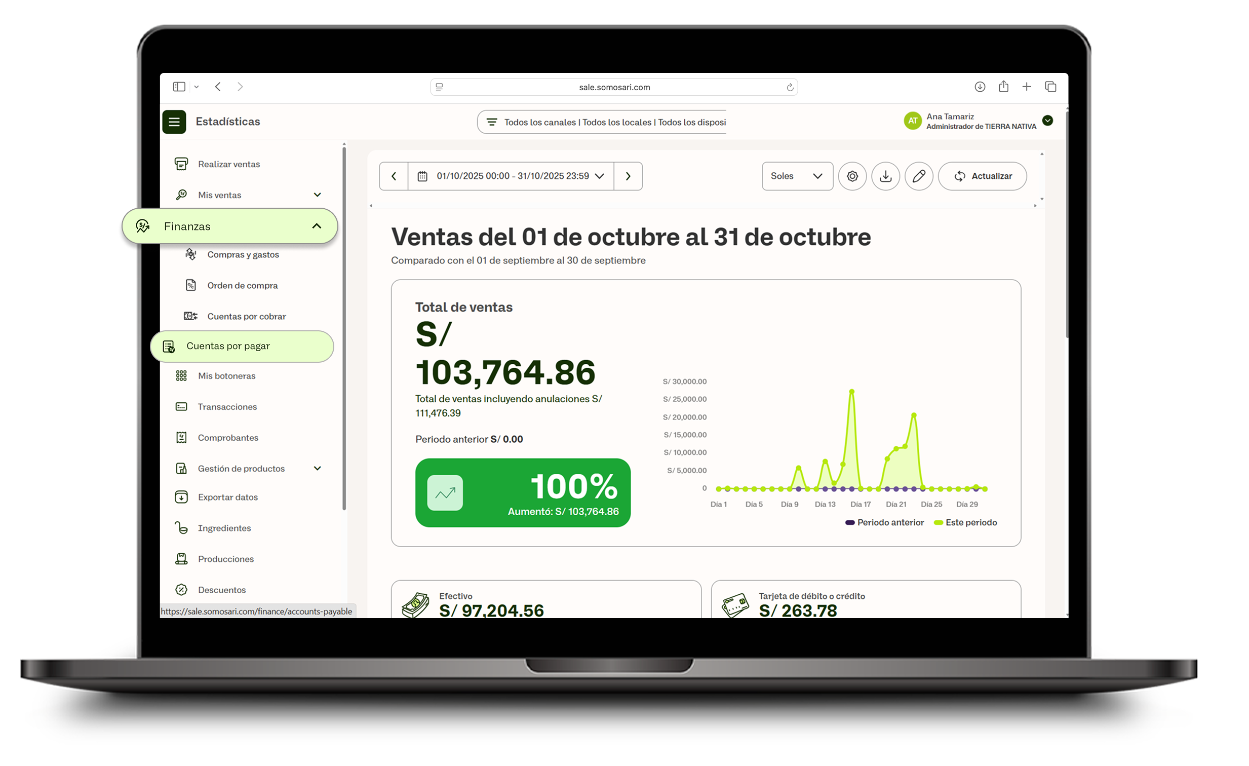 Menú con módulo Finanzas y opción Cuentas por pagar