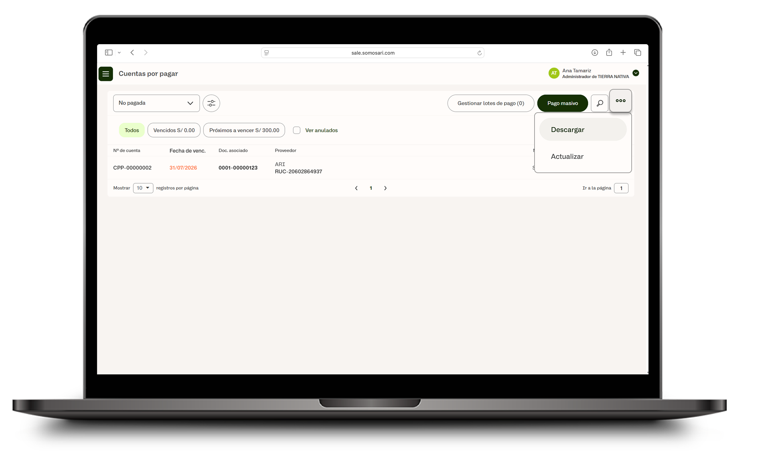 Menú para descargar o actualizar la información